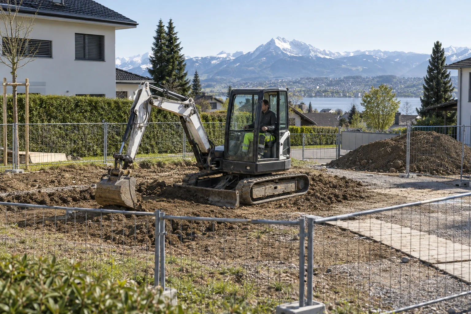 Kompaktbagger bei Arbeiten innerhalb einer abgesperrten Fläche